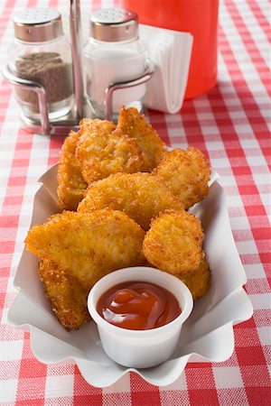 simsearch:659-01862628,k - Chicken nuggets with ketchup in paper dish in snack bar Foto de stock - Sin royalties Premium, Código: 659-01862629