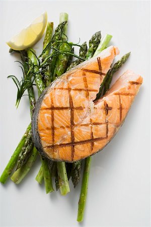 steak grilled from above - Grilled salmon cutlet with green asparagus Stock Photo - Premium Royalty-Free, Code: 659-01863391