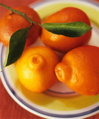 Several mandarin oranges with twig and leaves on a plate Foto de stock - Sin royalties Premium, Código: 659-02210788