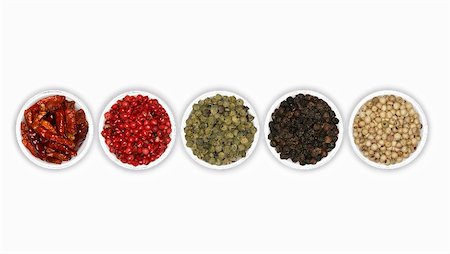 small bowl - Four different types of peppercorns and dried chillies Stock Photo - Premium Royalty-Free, Code: 659-02211643