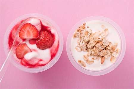 strawberry yogurt - Strawberry yoghurt and natural yoghurt with cereal in pots Stock Photo - Premium Royalty-Free, Code: 659-02213322