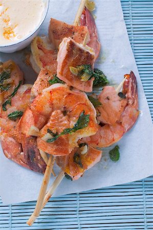 shrimp kebab - Salmon and prawn skewers with mint and sauce Stock Photo - Premium Royalty-Free, Code: 659-02213683