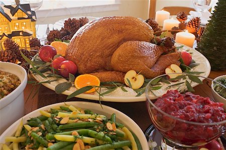 Roast turkey with all the trimmings on Christmas table (USA) Stock Photo - Premium Royalty-Free, Code: 659-02213769