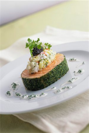 fish dish - Salmon in herb coating with vegetables and caviar Stock Photo - Premium Royalty-Free, Code: 659-03524127