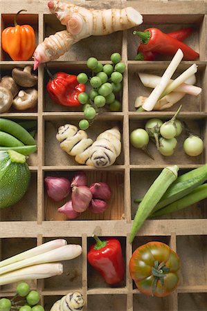 Various types of vegetables, spices & mushrooms in type case Fotografie stock - Premium Royalty-Free, Codice: 659-03526339