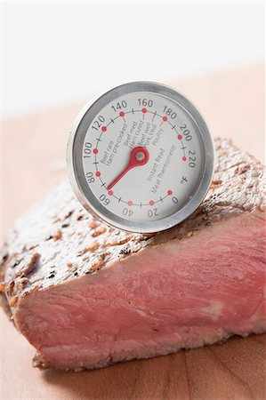 roasting thermometer - Sirloin strip steak with meat thermometer Stock Photo - Premium Royalty-Free, Code: 659-03526608