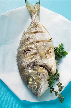 recipes paper - Whole fried sea bream on paper Stock Photo - Premium Royalty-Free, Code: 659-03528218