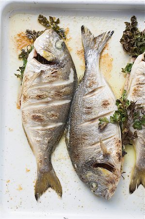 roasted fish - Roasted sea bream with parsley (overhead view) Stock Photo - Premium Royalty-Free, Code: 659-03528534