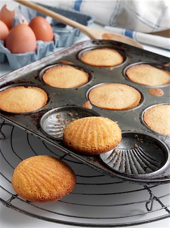 pastel francês - Madeleines in Baking Pan; Cooling Rack Foto de stock - Royalty Free Premium, Número: 659-03521004