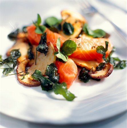 Saumon aux cèpes frits et trèfle Photographie de stock - Premium Libres de Droits, Code: 659-03535222