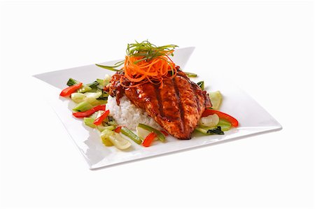 fish recipes - Teriyaki salmon with rice and vegetables Stock Photo - Premium Royalty-Free, Code: 659-03536072