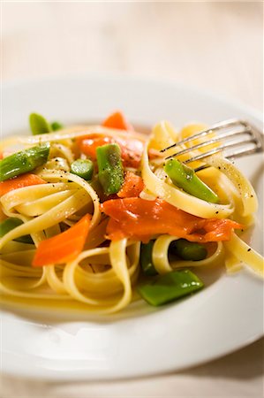 Salmon and Asparagus Pasta on a White Plate; Fork Stock Photo - Premium Royalty-Free, Code: 659-03537687