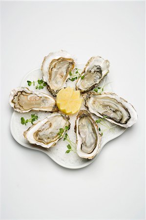 raw oyster - Fresh oysters with lemon on crushed ice Stock Photo - Premium Royalty-Free, Code: 659-03530395