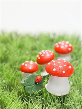 Lucky charms (fly agaric mushrooms, 4-leaf clover) in grass Stock Photo - Premium Royalty-Free, Code: 659-03530710