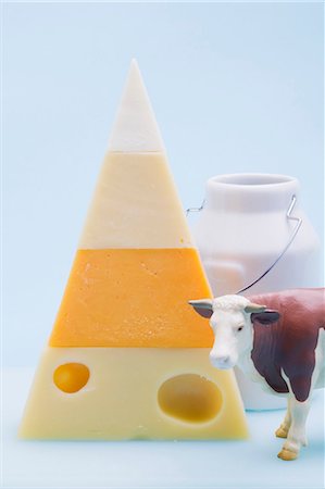 queso cheddar - Pyramid of hard cheeses, toy cow, milk can Foto de stock - Sin royalties Premium, Código: 659-03530925