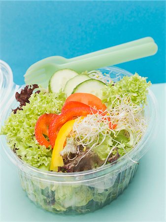 pratique - Feuilles de salade avec poivrons, concombres & germes en barquette Photographie de stock - Premium Libres de Droits, Code: 659-03532246