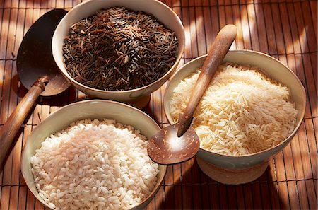 Three different types of rice in bowls Stock Photo - Premium Royalty-Free, Code: 659-03533957