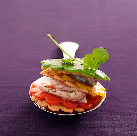 purple fish - Three-colored pepper and marinated sardine Mille-feuille Stock Photo - Premium Royalty-Free, Code: 652-05807248