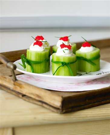 Cucumber and lump fish roe appetizers Stock Photo - Premium Royalty-Free, Code: 652-05807400