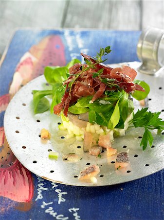 simsearch:652-05807374,k - Trout and apple tartare with mixed lettuce salad and Spanish raw ham Stock Photo - Premium Royalty-Free, Code: 652-05807970