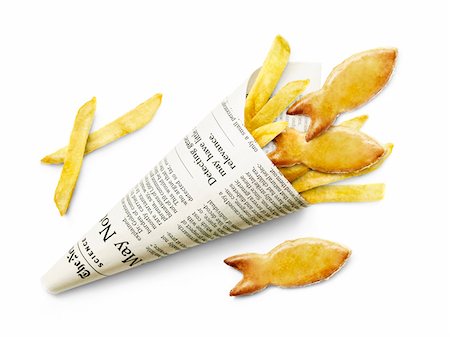 papas fritas - Paper cone of french fries and calamries in pastry crust Foto de stock - Sin royalties Premium, Código: 652-05808230