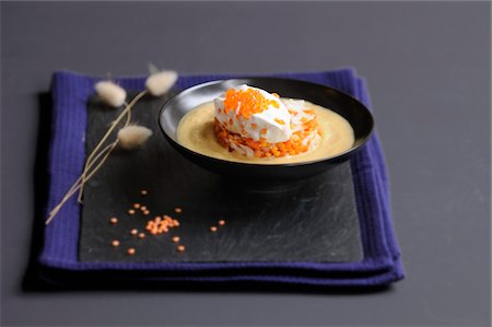 quenelle of crab - Cream of orange lentil soup with surimi Stock Photo - Premium Royalty-Free, Code: 652-05809300