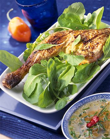 simsearch:652-01667972,k - Marinated and grilled chicken leg on bed of lettuce Foto de stock - Royalty Free Premium, Número: 652-01668091