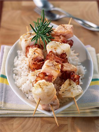 salmon on grill - Fish and bacon brochettes Stock Photo - Premium Royalty-Free, Code: 652-03800628