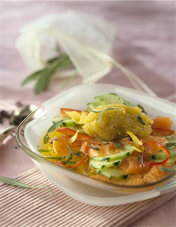 salmon on a colored plate - Salmon salad with cucumber and green tea sherbet ice Stock Photo - Premium Royalty-Free, Code: 652-03802000