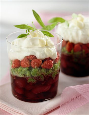 Cherries in syrup,confit angelica,wild strawberries and cream Verrine Stock Photo - Premium Royalty-Free, Code: 652-03802024