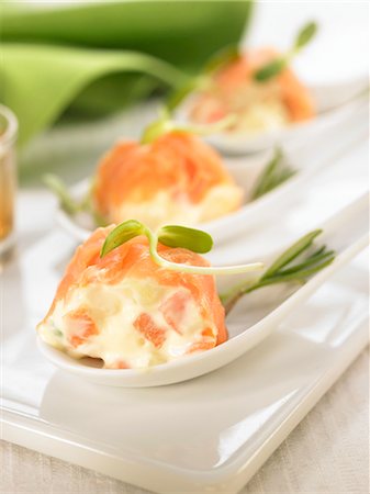 simsearch:825-03628623,k - Marinated salmon stuffed with Russian salad mini skewers Stock Photo - Premium Royalty-Free, Code: 652-03802667