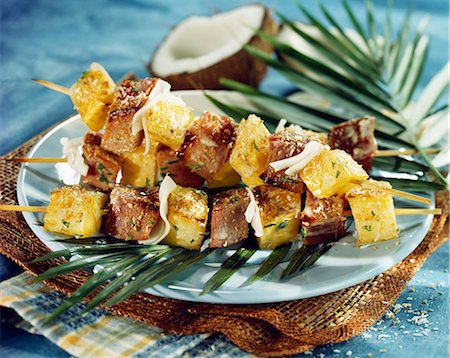 picture of pineapple - Tuna,pineapple and coconut skewers Stock Photo - Premium Royalty-Free, Code: 652-03803317