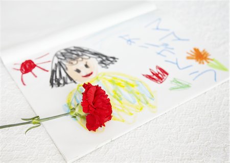 día de la madre - Carnation and crayon drawing Foto de stock - Sin royalties Premium, Código: 670-03709999