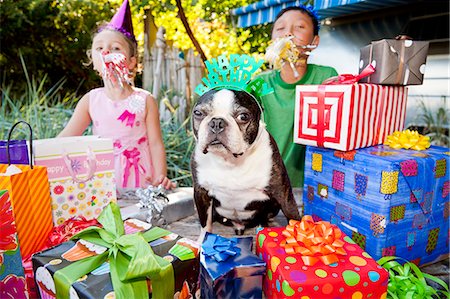 simsearch:614-07031929,k - Two children and dog at outdoor birthday party Photographie de stock - Premium Libres de Droits, Code: 673-06964862