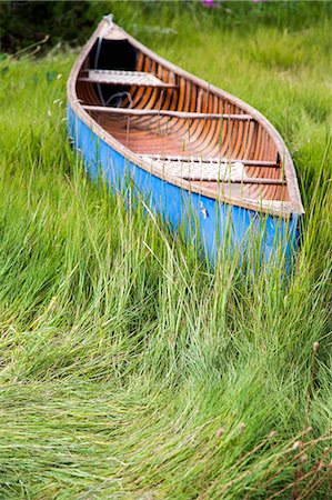 Blue canoe resting in tall grass Stock Photo - Premium Royalty-Free, Code: 673-08139207
