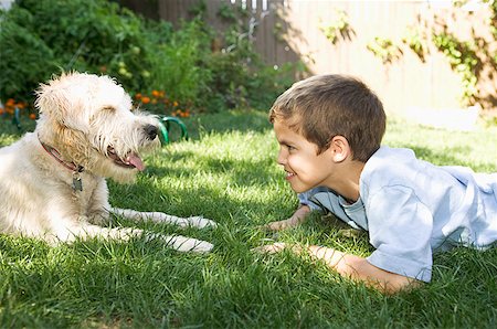 Boy and dog facing each other Fotografie stock - Premium Royalty-Free, Codice: 673-02139278
