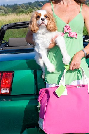 fashion woman dog - Woman holding dog outside car Stock Photo - Premium Royalty-Free, Code: 673-02140547
