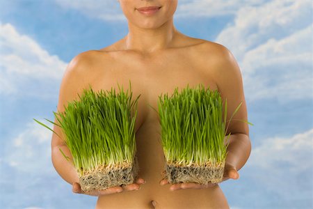 simsearch:673-02141132,k - Nude woman holding grass in front of chest Foto de stock - Sin royalties Premium, Código: 673-02141121