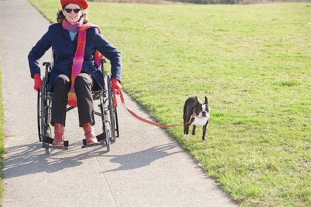 Femme en fauteuil roulant, tenant son chien pour une promenade Photographie de stock - Premium Libres de Droits, Code: 673-02801300