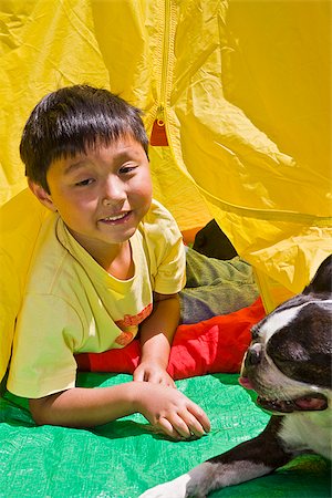 Boy with dogs in backyard tent Stock Photo - Premium Royalty-Free, Code: 673-03005648