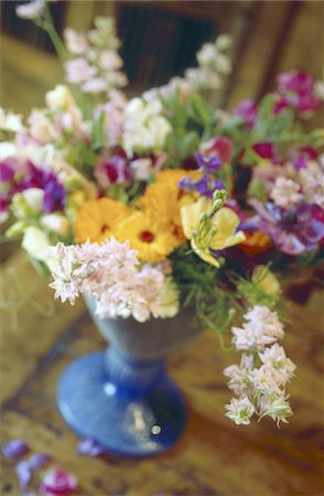 flowers in vase from above - Flower bouquet with larkspur, pot marigold and stocks Stock Photo - Premium Royalty-Free, Code: 689-05610193