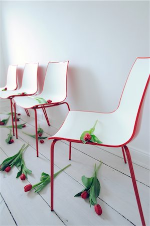 Chairs and scattered red tulips Stock Photo - Premium Royalty-Free, Code: 689-05611003