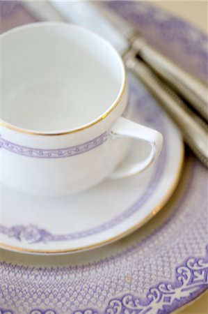 porcelain cup - Place setting with cup, saucer, plate and cutlery Stock Photo - Premium Royalty-Free, Code: 689-05611460