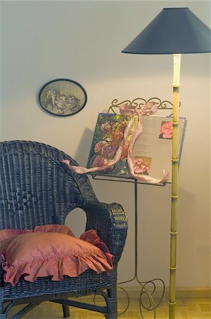 floral - Wicker chair, floor lamp and book with flowers Stock Photo - Premium Royalty-Free, Code: 689-05611829
