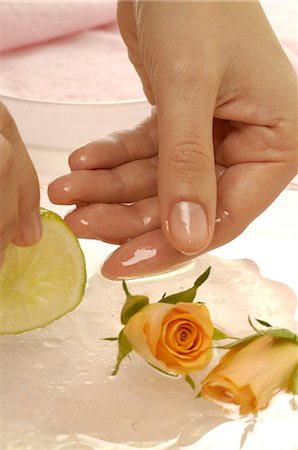 Handbath with limes and rose blossoms Stock Photo - Premium Royalty-Free, Code: 689-03124143