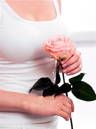 simsearch:689-03124881,k - Model holding pink rose Stock Photo - Premium Royalty-Free, Code: 689-03124901