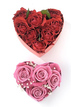 symbol present - Pink and red rose blossoms in two heartshape boxes Stock Photo - Premium Royalty-Free, Code: 689-03127145