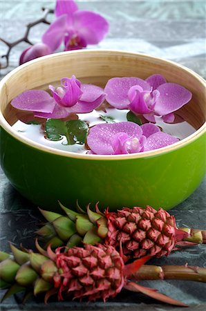 spa decoration - Arangement of bromelia,orchid blossom and a water bowl Stock Photo - Premium Royalty-Free, Code: 689-03128074