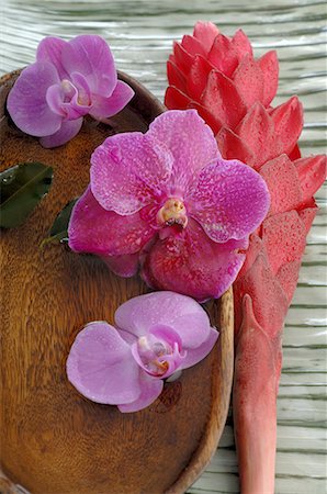 spa decoration - Orchid blossoms in a wooden bowl Stock Photo - Premium Royalty-Free, Code: 689-03128081