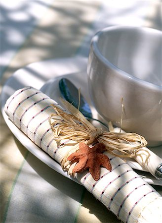 soup bowl napkin - layed table in the shade Stock Photo - Premium Royalty-Free, Code: 689-03123750